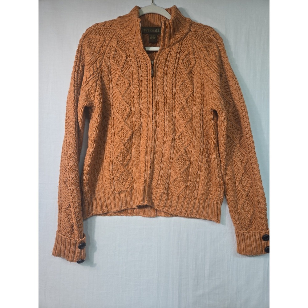 Inis Crafts Full Zip Cardigan‎ Sweater 100% Wool Cable Knit Women's L Fisherman